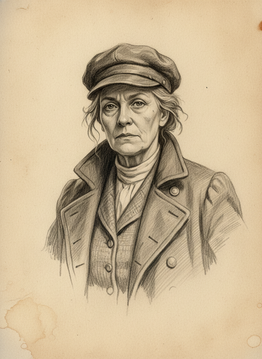 Black and white pencil dossier portrait of Vera "Iron-Thumb" Malrec, shown head and shoulders on vellum.