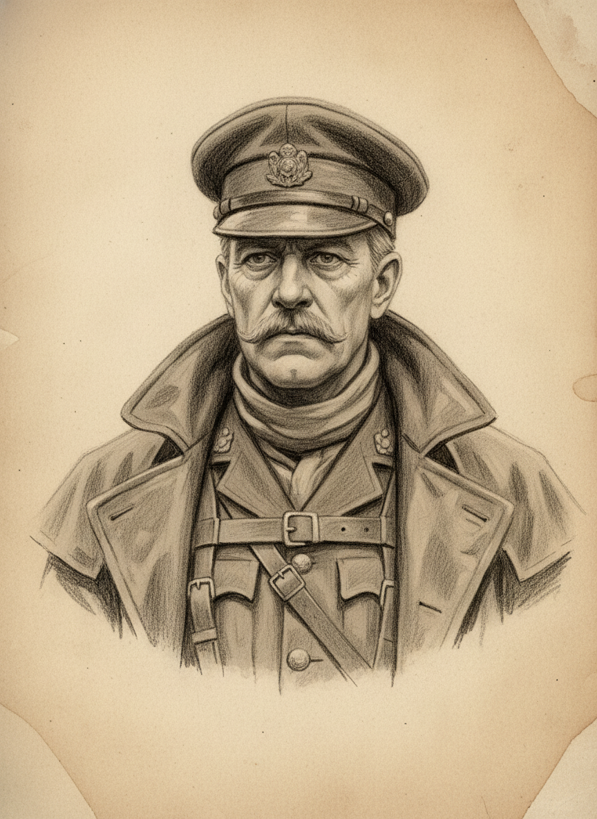 Black and white pencil dossier portrait of Bailiff-Captain Sable Rook, shown head and shoulders on vellum.