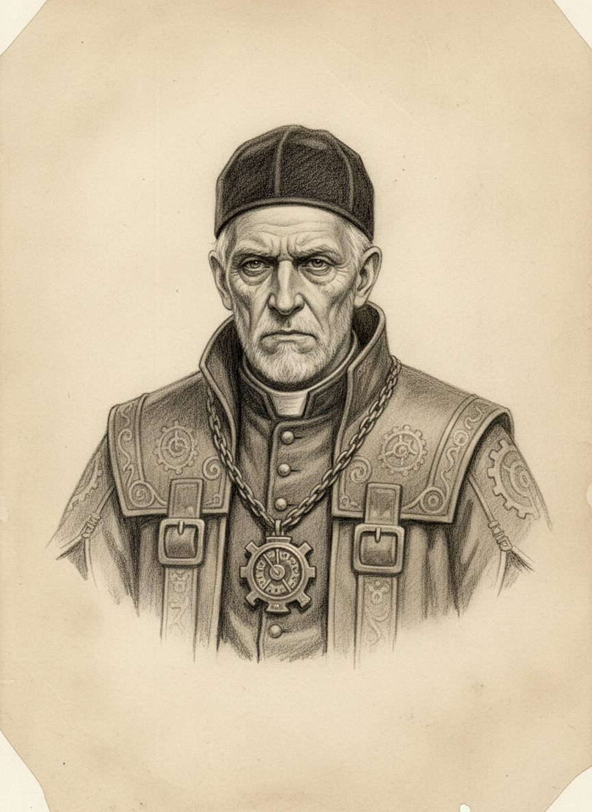Black and white pencil dossier portrait of Saint Cadrin the Measured, shown head and shoulders on vellum.