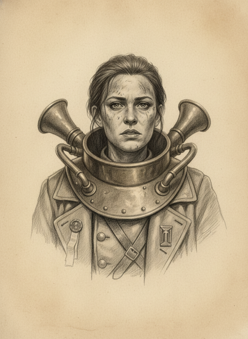 Black and white pencil dossier portrait of Saint Orla the Brass-Throated, shown head and shoulders on vellum.