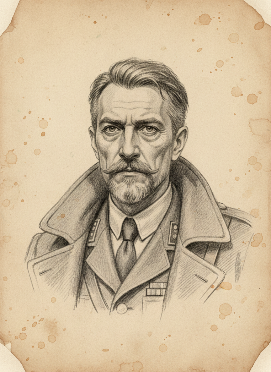 Black and white pencil dossier portrait of Arno Kett, shown head and shoulders on vellum.