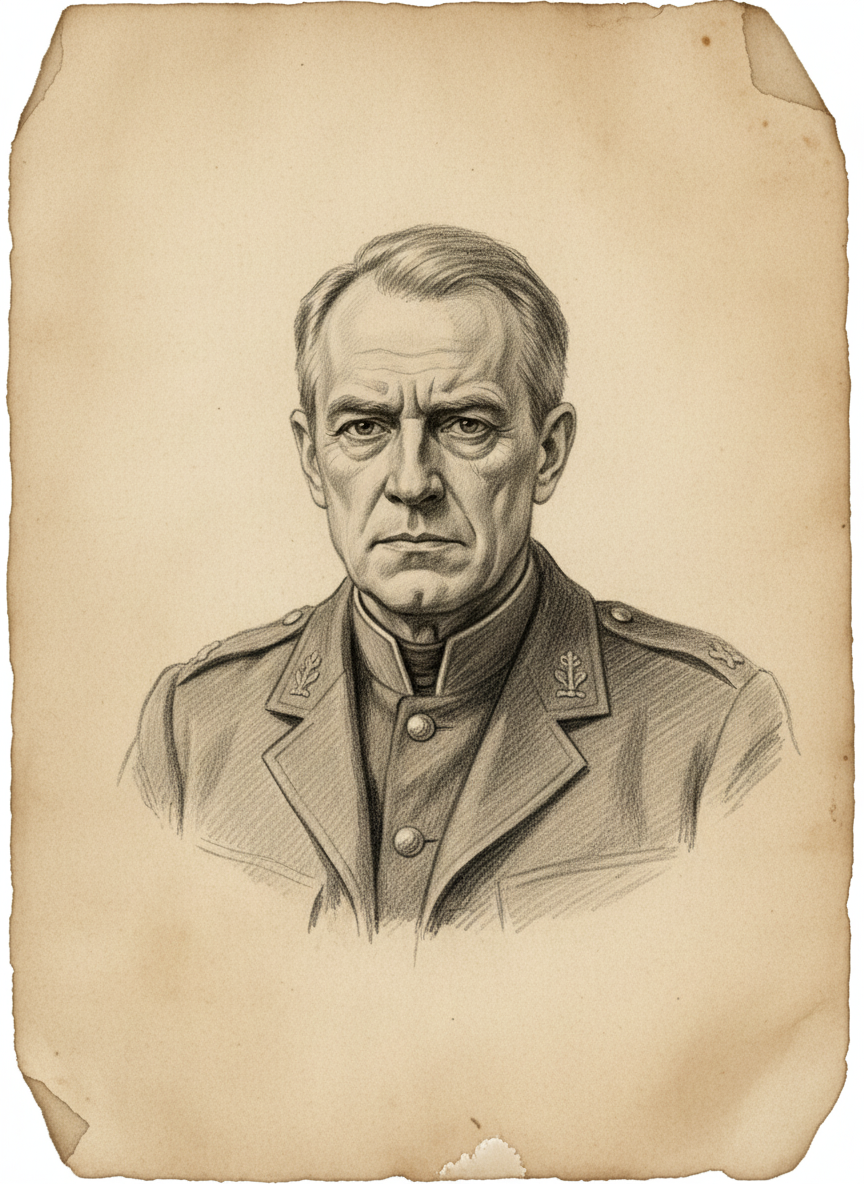 Black and white pencil dossier portrait of Assessor-General Kaethus Brenn, shown head and shoulders on vellum.
