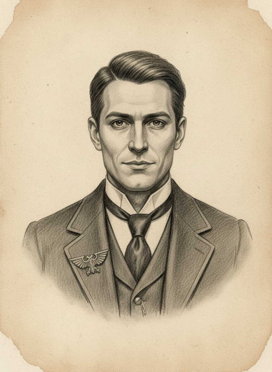 Black and white pencil dossier portrait of Lutz Brennan, shown head and shoulders on vellum.