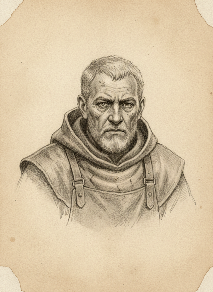 Black and white pencil dossier portrait of Saint Vell of the Lantern Table, shown head and shoulders on vellum.