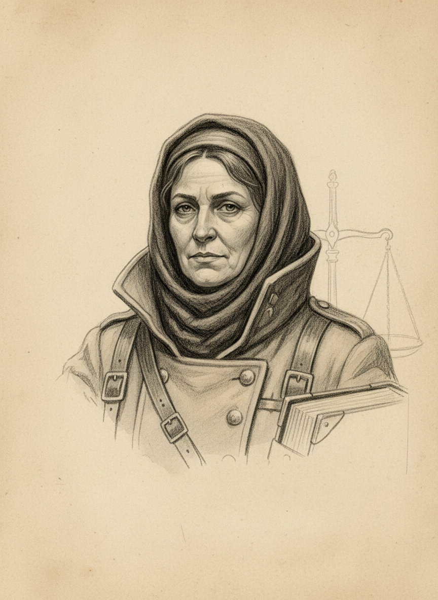 Black and white pencil dossier portrait of Saint Ysolt of the Scales, shown head and shoulders on vellum.