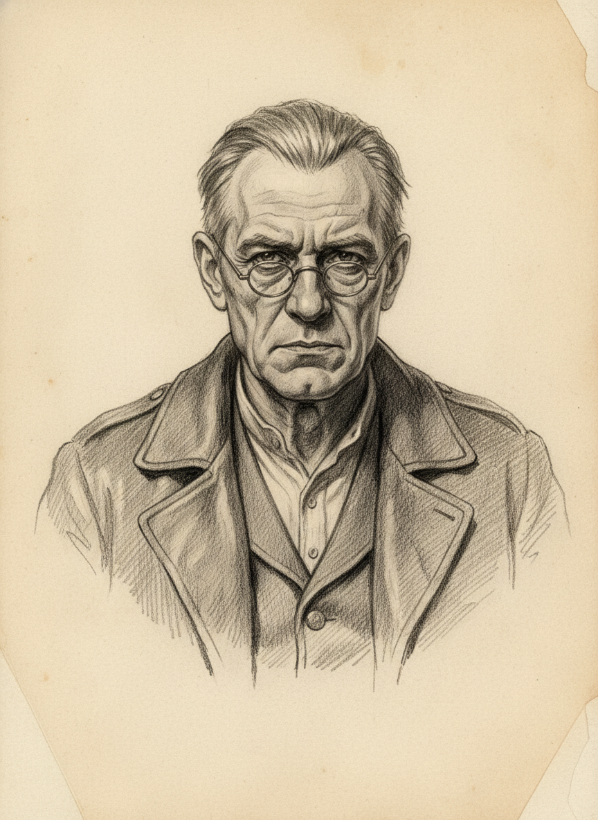 Black and white pencil dossier portrait of Section Foreman Grosz, shown head and shoulders on vellum.