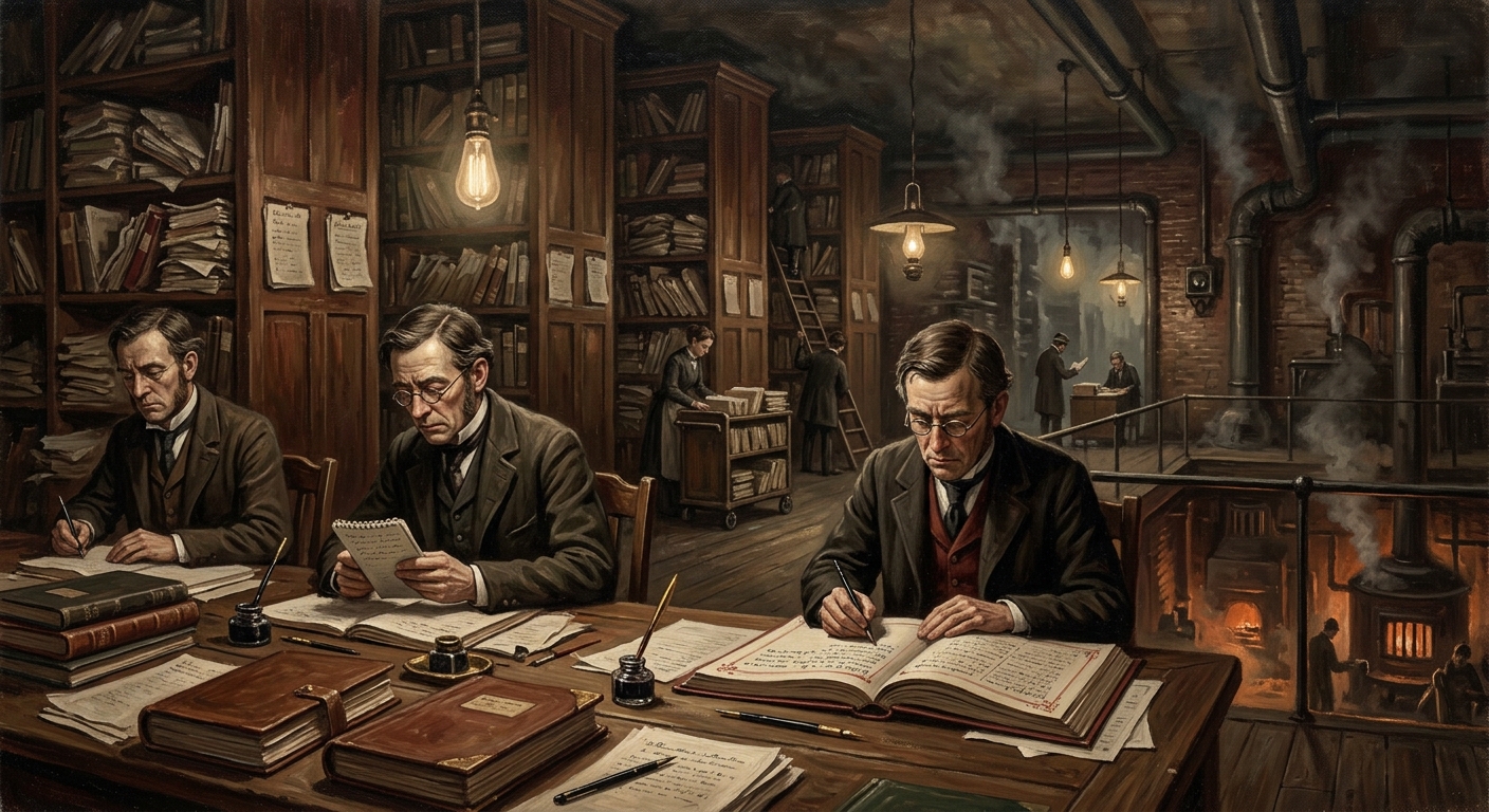 Record-True Clerks — Record-True Clerks, rendered as oil-painting.