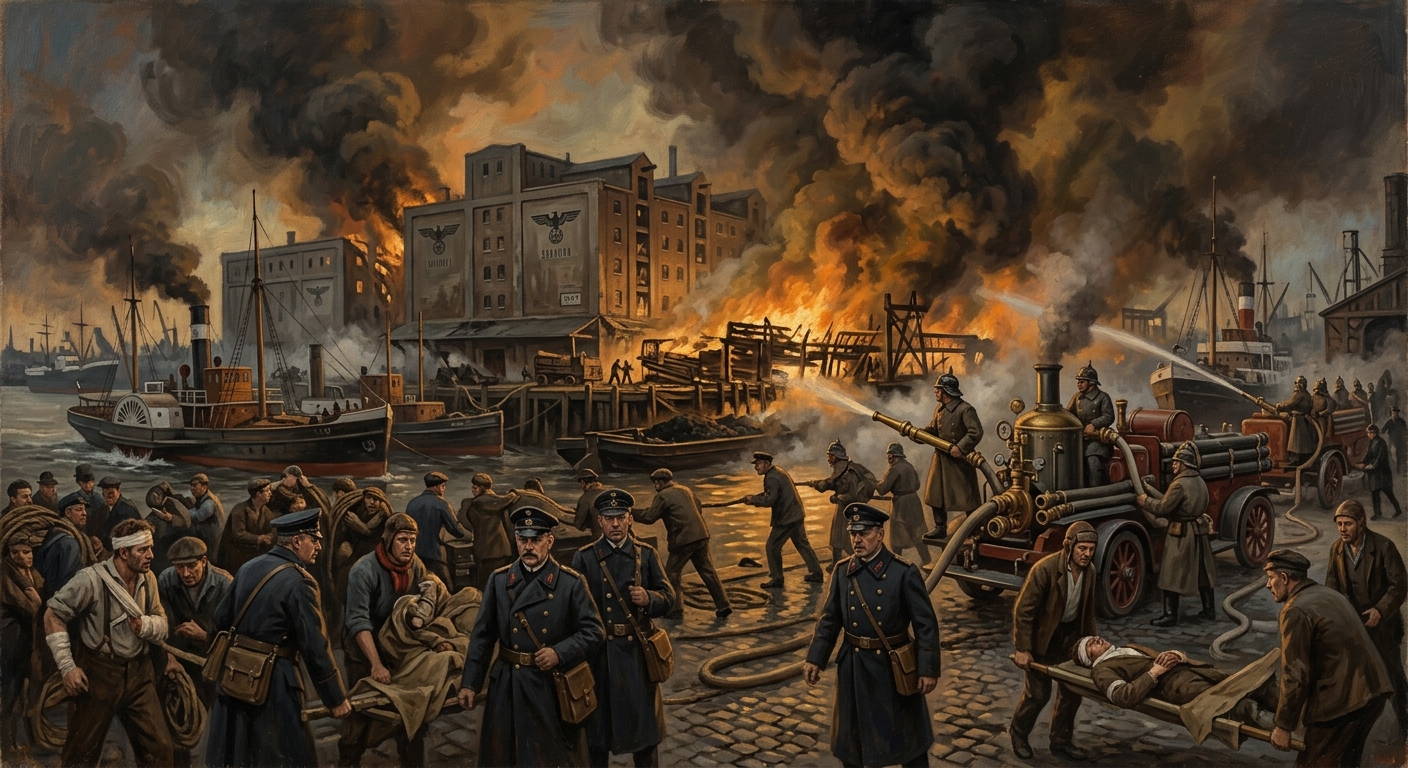 Dock Fire of Hamburg — Dock Fire of Hamburg, rendered as oil-painting.