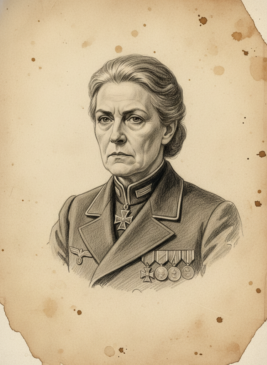 Black and white pencil dossier portrait of Admiral-Prefect Gerta Halske, shown head and shoulders on vellum.