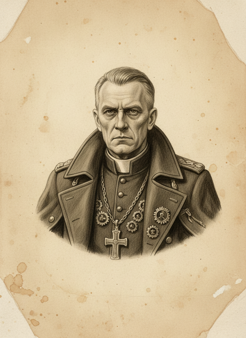 Black and white pencil dossier portrait of Archon of Kanzleiburg, shown head and shoulders on vellum.