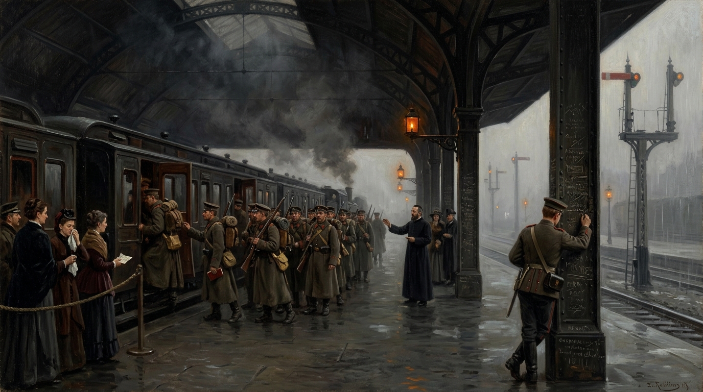 Oil painting of Gleis Achtzehn at the Munich Cross-Station, with soldiers loading onto an eastbound steam train under a soot-black iron canopy while families and a chaplain watch in rain and steam.