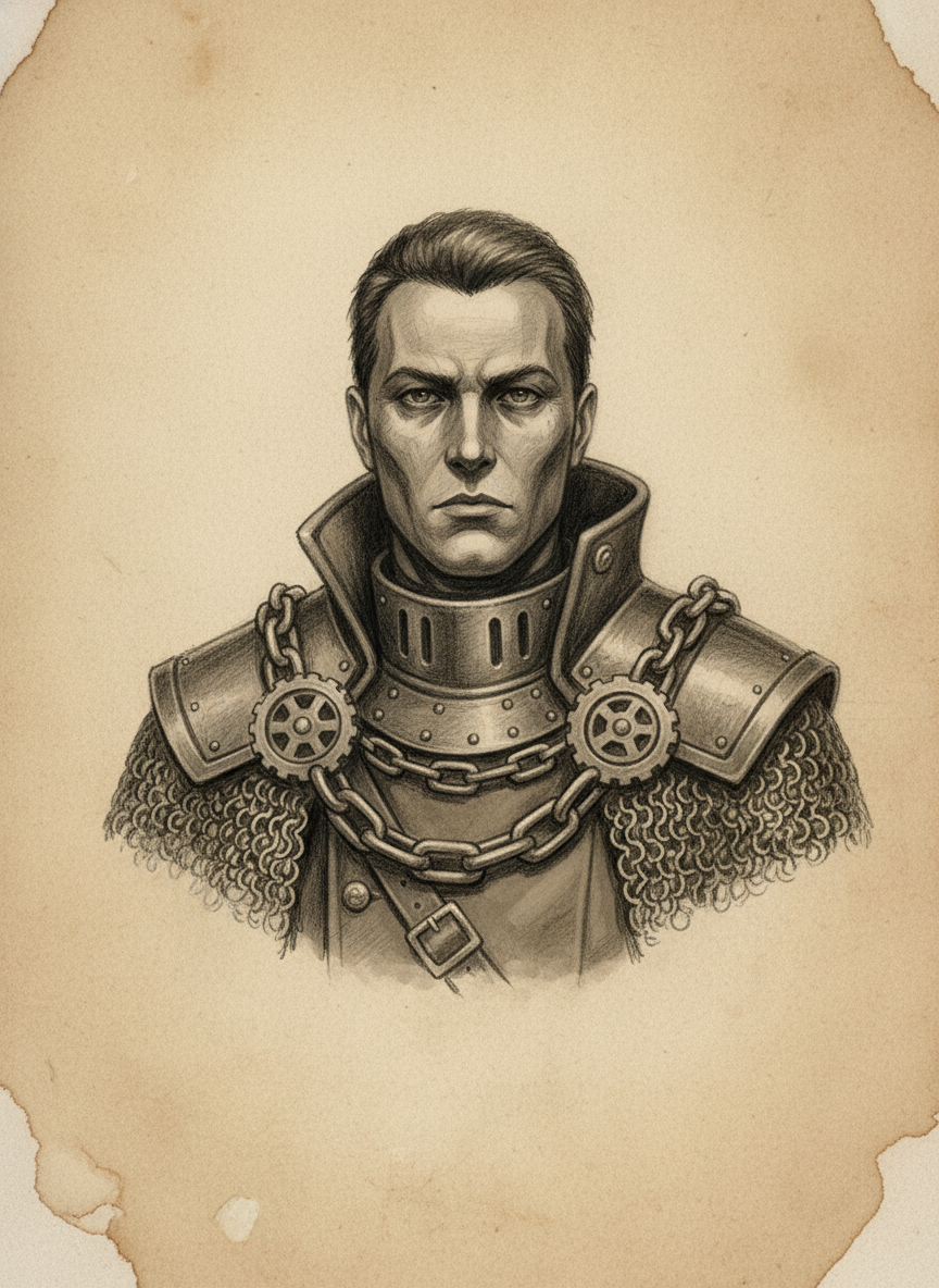 Black and white pencil dossier portrait of Chainmaster Veyl, shown head and shoulders on vellum.