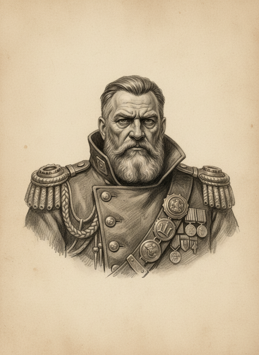 Black and white pencil dossier portrait of Charter Baron Gruhl, shown head and shoulders on vellum.