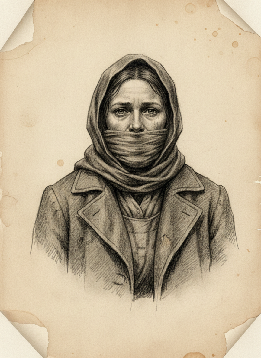 Black and white pencil dossier portrait of Saint Hessa of the Closed Mouth, shown head and shoulders on vellum.