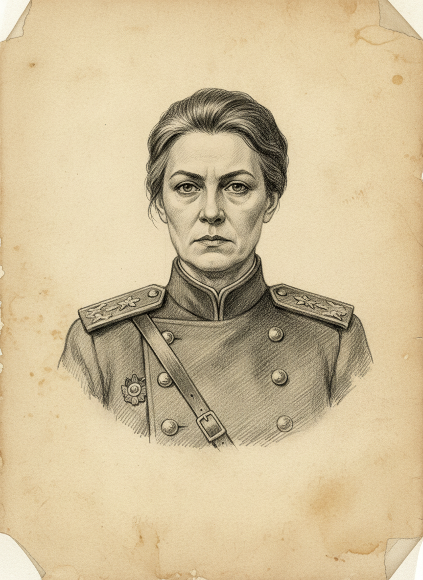 Black and white pencil dossier portrait of Colonel-Prefect Anya Dzhurova, shown head and shoulders on vellum.