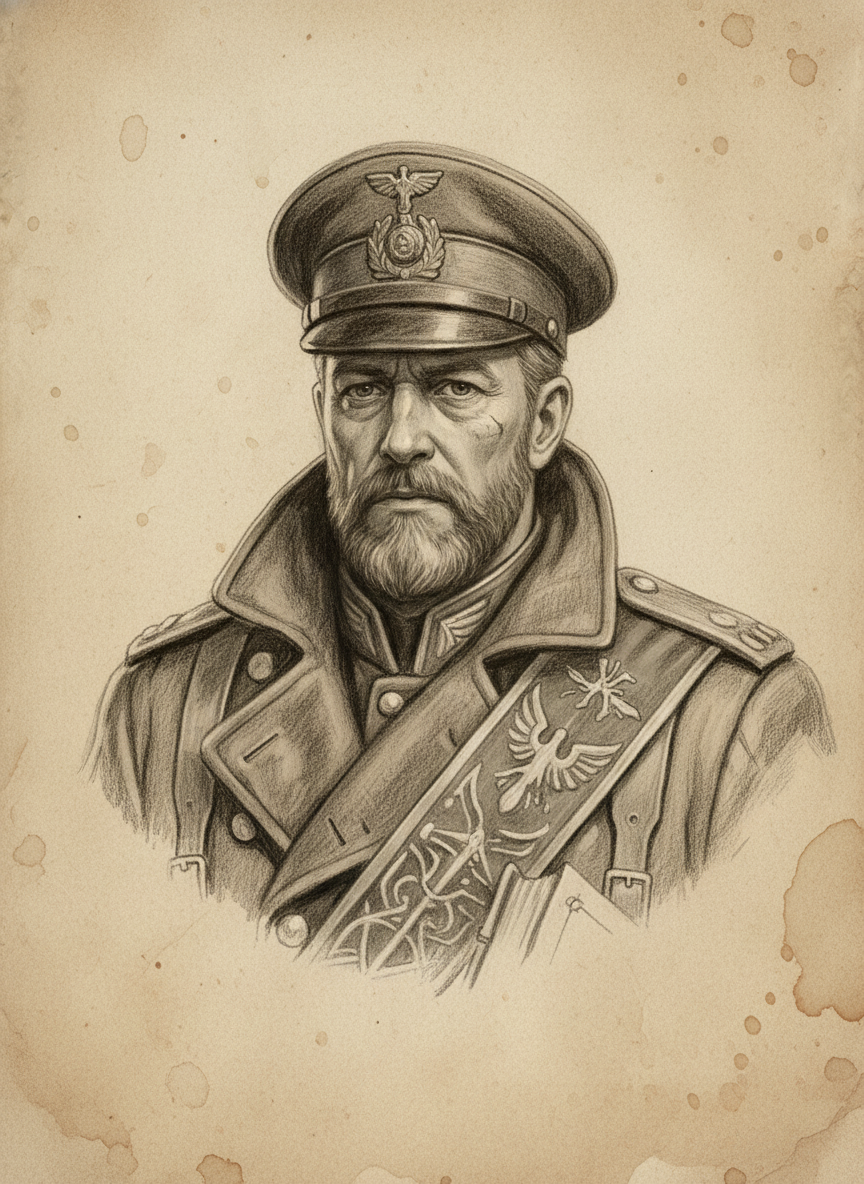 Black and white pencil dossier portrait of Garrison-Prior Aldric Venn, shown head and shoulders on vellum.