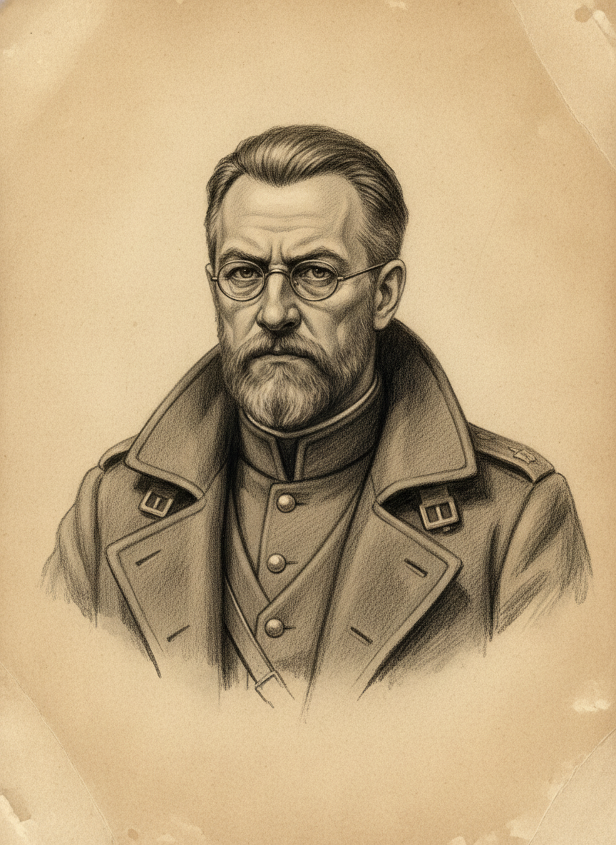Black and white pencil dossier portrait of Quartermaster-General Hofer, shown head and shoulders on vellum.
