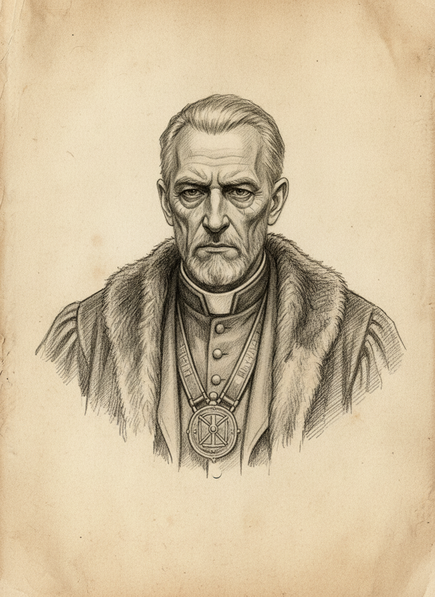 Black and white pencil dossier portrait of Saint Aldebrand, shown head and shoulders on vellum.