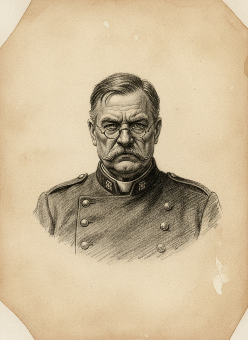 Black and white pencil dossier portrait of Superintendent Horvath, shown head and shoulders on vellum.