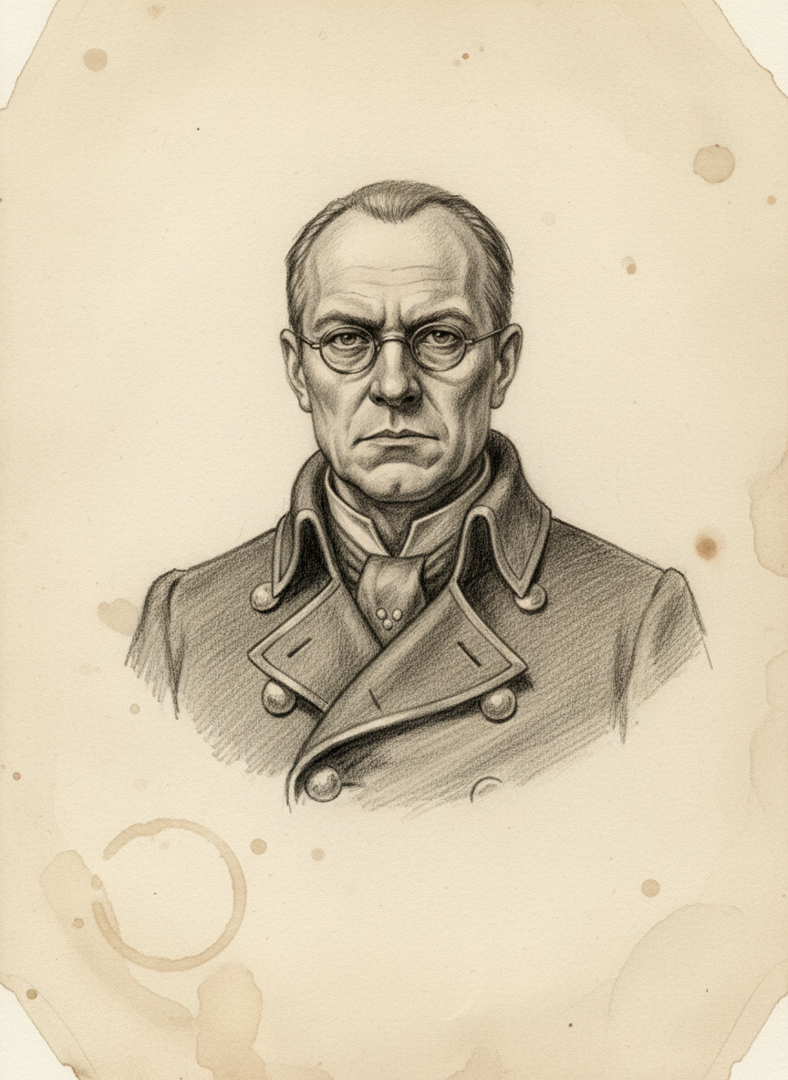Black and white pencil dossier portrait of Matthias Kammler, shown head and shoulders on vellum.