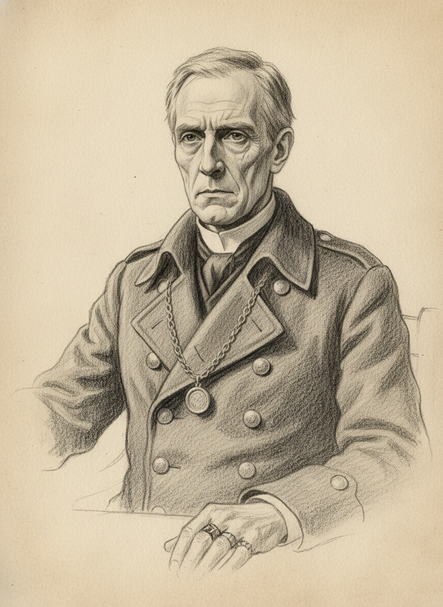 Black and white pencil dossier portrait of Prior-Scribe Erem Vale, shown head and shoulders on vellum.