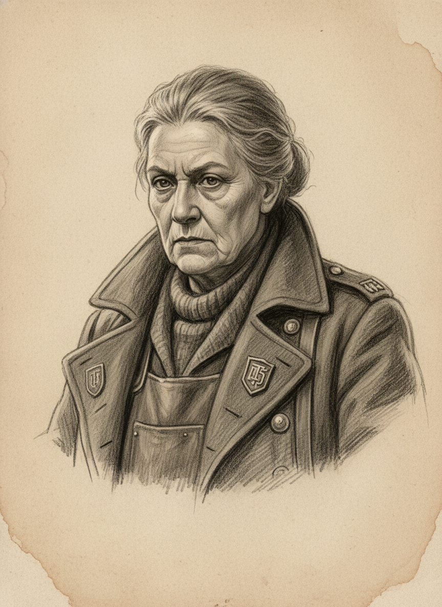 Black and white pencil dossier portrait of Archivist Keth, shown head and shoulders on vellum.