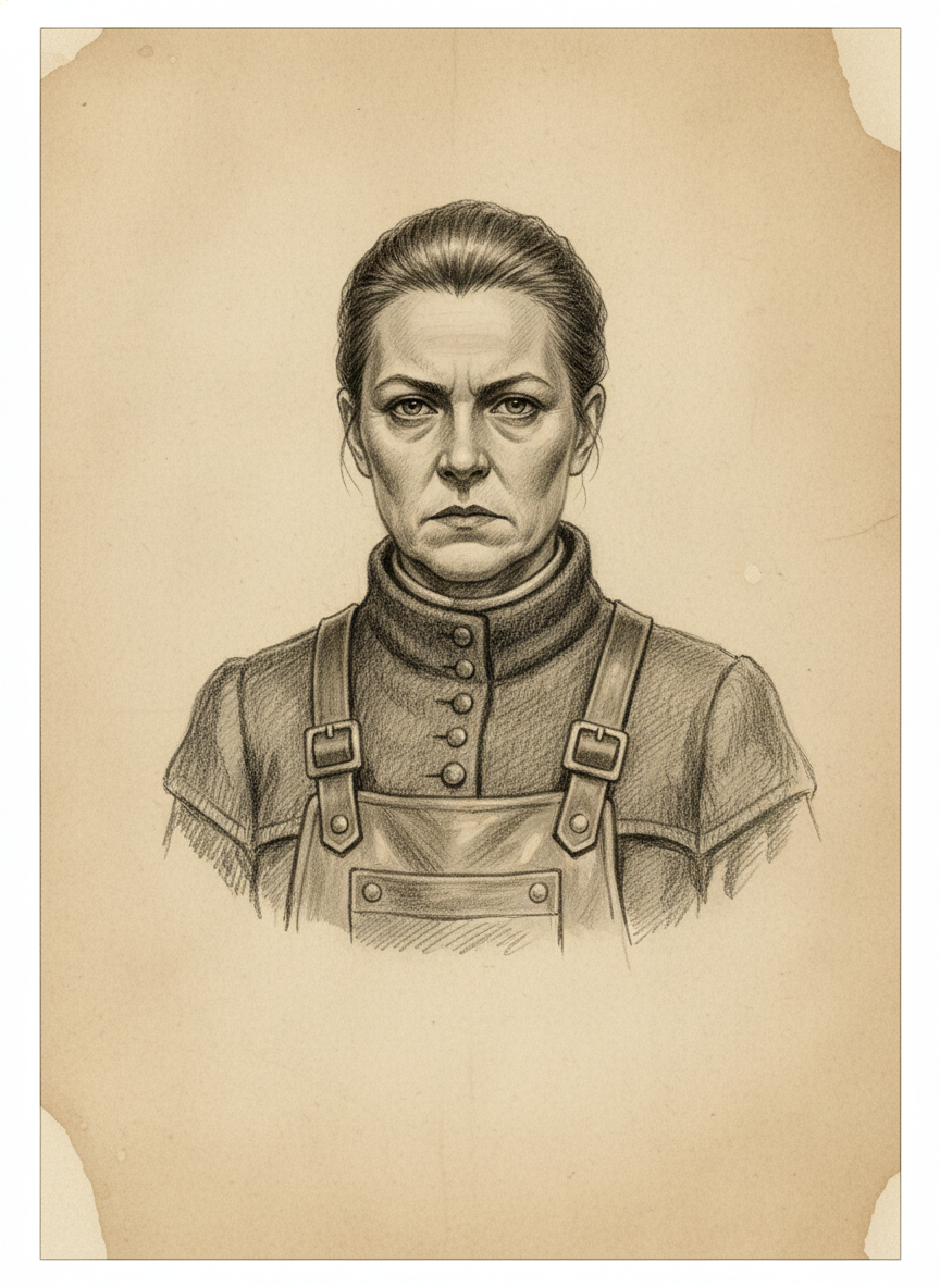Black and white pencil dossier portrait of Jossa Rill, shown head and shoulders on vellum.