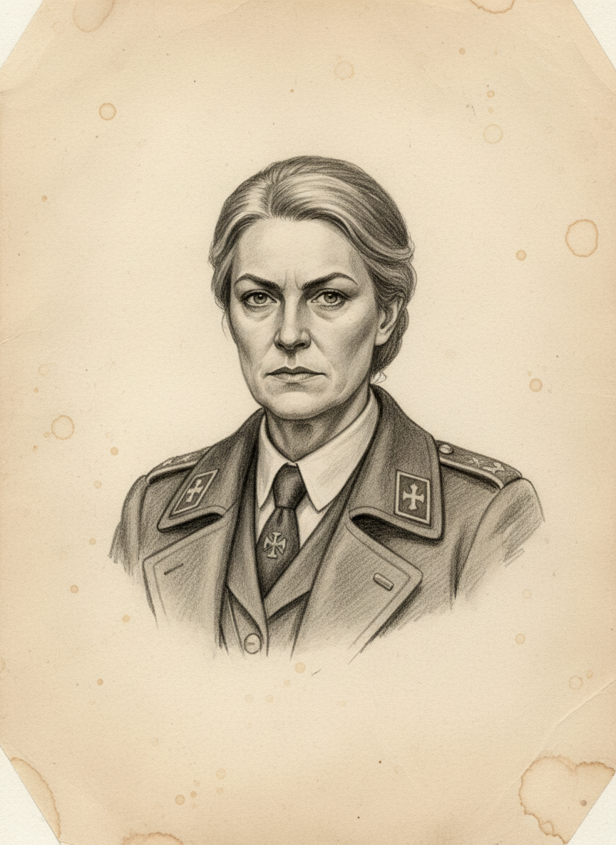 Black and white pencil dossier portrait of Assessor-Tertiary Yrsa Haugen, shown head and shoulders on vellum.