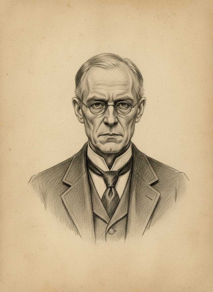 Black and white pencil dossier portrait of Exegete Hallam, shown head and shoulders on vellum.