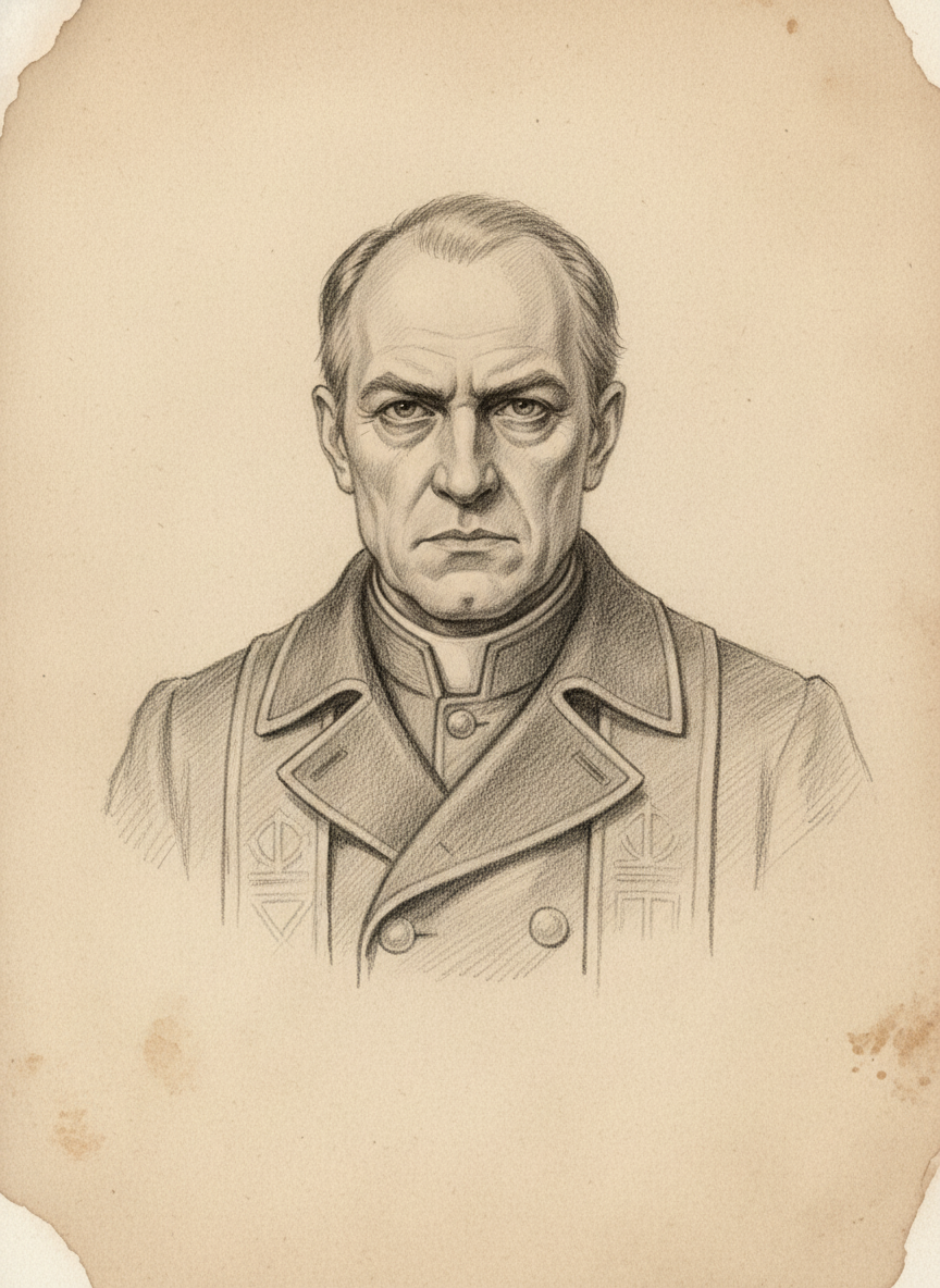 Black and white pencil dossier portrait of Hierarch-Procurator Marius of Cologne, shown head and shoulders on vellum.