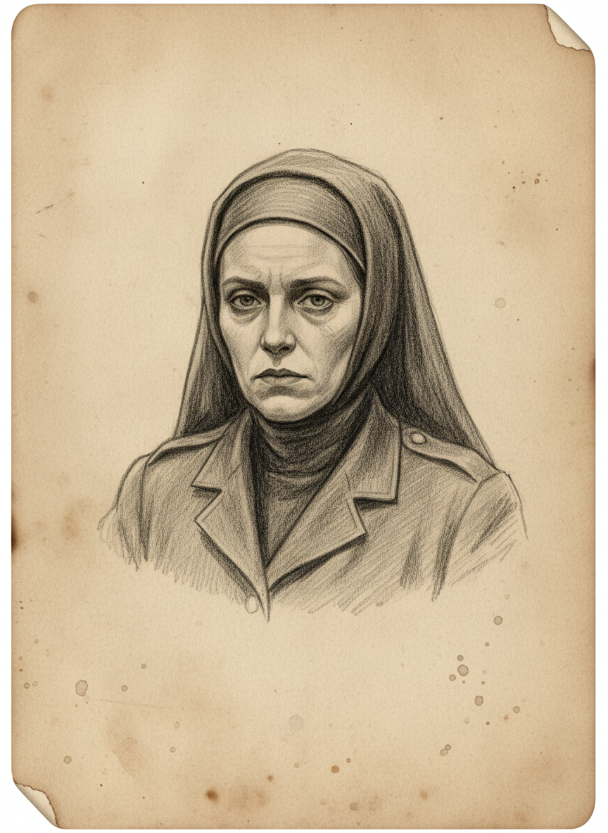 Black and white pencil dossier portrait of Sister Adelhaid, shown head and shoulders on vellum.
