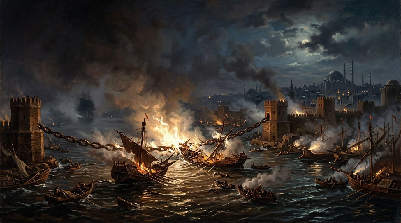 Oil painting of the Chain of Saint Anakletos burning across the Bosphorus as demon vessels strike the Harbor of Chains.
