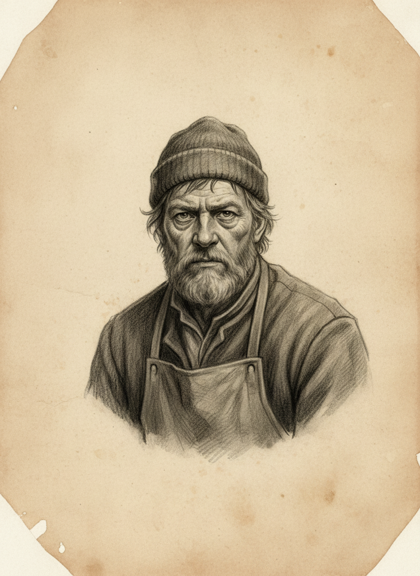 Black and white pencil dossier portrait of Aldric Hartmann, shown head and shoulders on vellum.