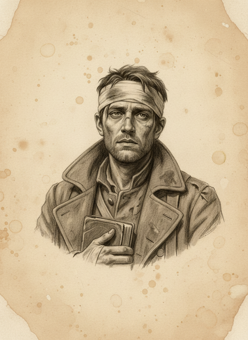 Black and white pencil dossier portrait of Corentin Madec, shown head and shoulders on vellum.