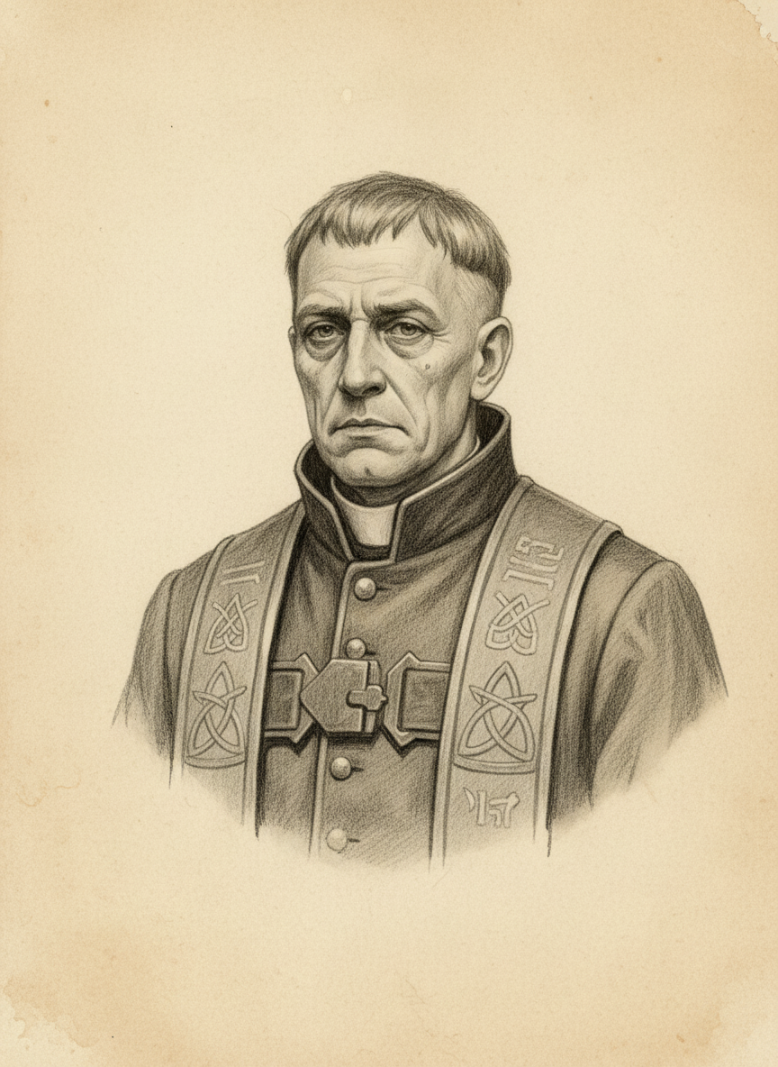 Black and white pencil dossier portrait of Father Gaël of Dinan, shown head and shoulders on vellum.