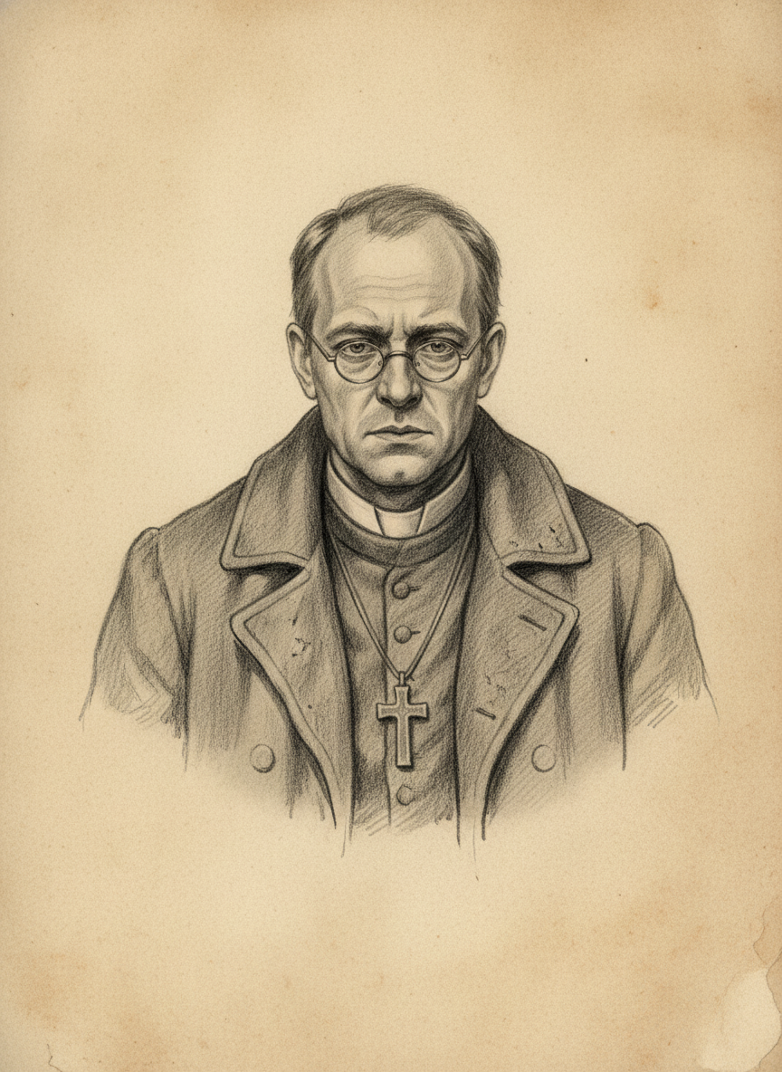 Black and white pencil dossier portrait of Father Wernher of Cologne, shown head and shoulders on vellum.