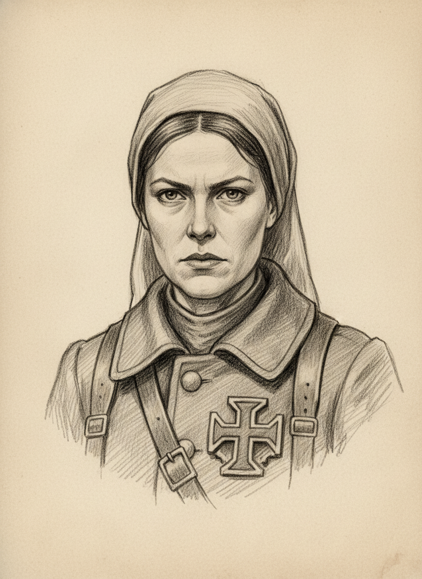 Black and white pencil dossier portrait of Klara, the Unnamed Guardian, shown head and shoulders on vellum.