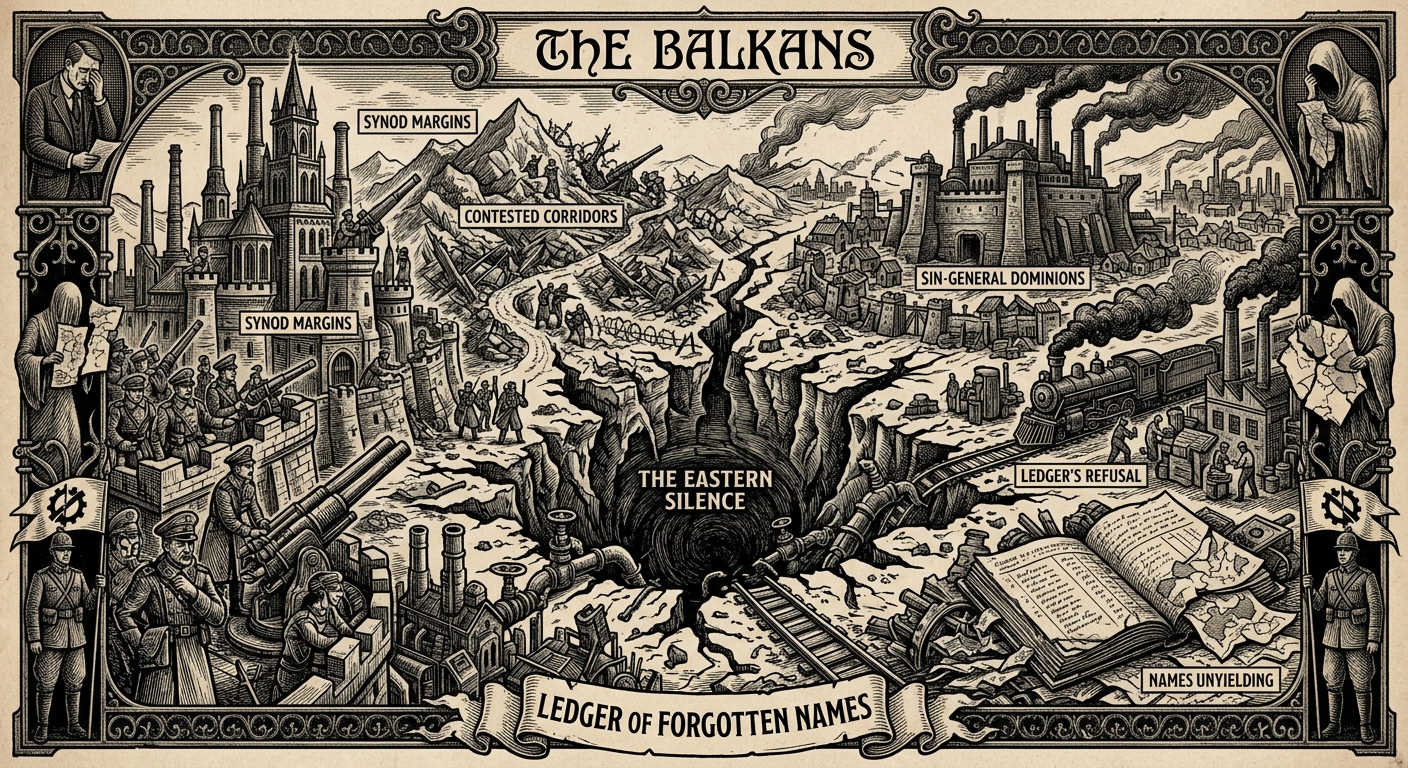 The Balkans — On the Eastern Silence, rendered as woodcut.