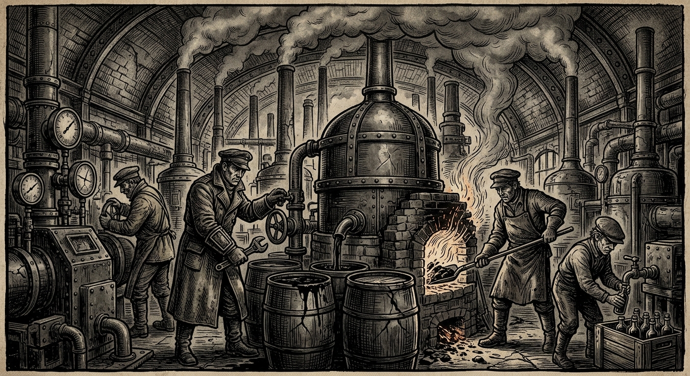 Black Diesel — On Distillation and the Black Craft, rendered as woodcut.