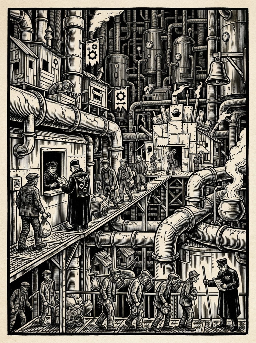 Boiler Commons — On the Pipe-Lanes and Their Minor Kingdoms, rendered as woodcut.