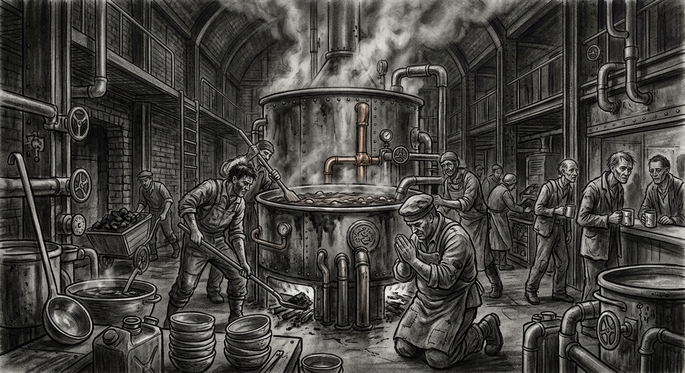 Boiler Commons — On the Kitchens and Their Theology of Broth, rendered as charcoal.