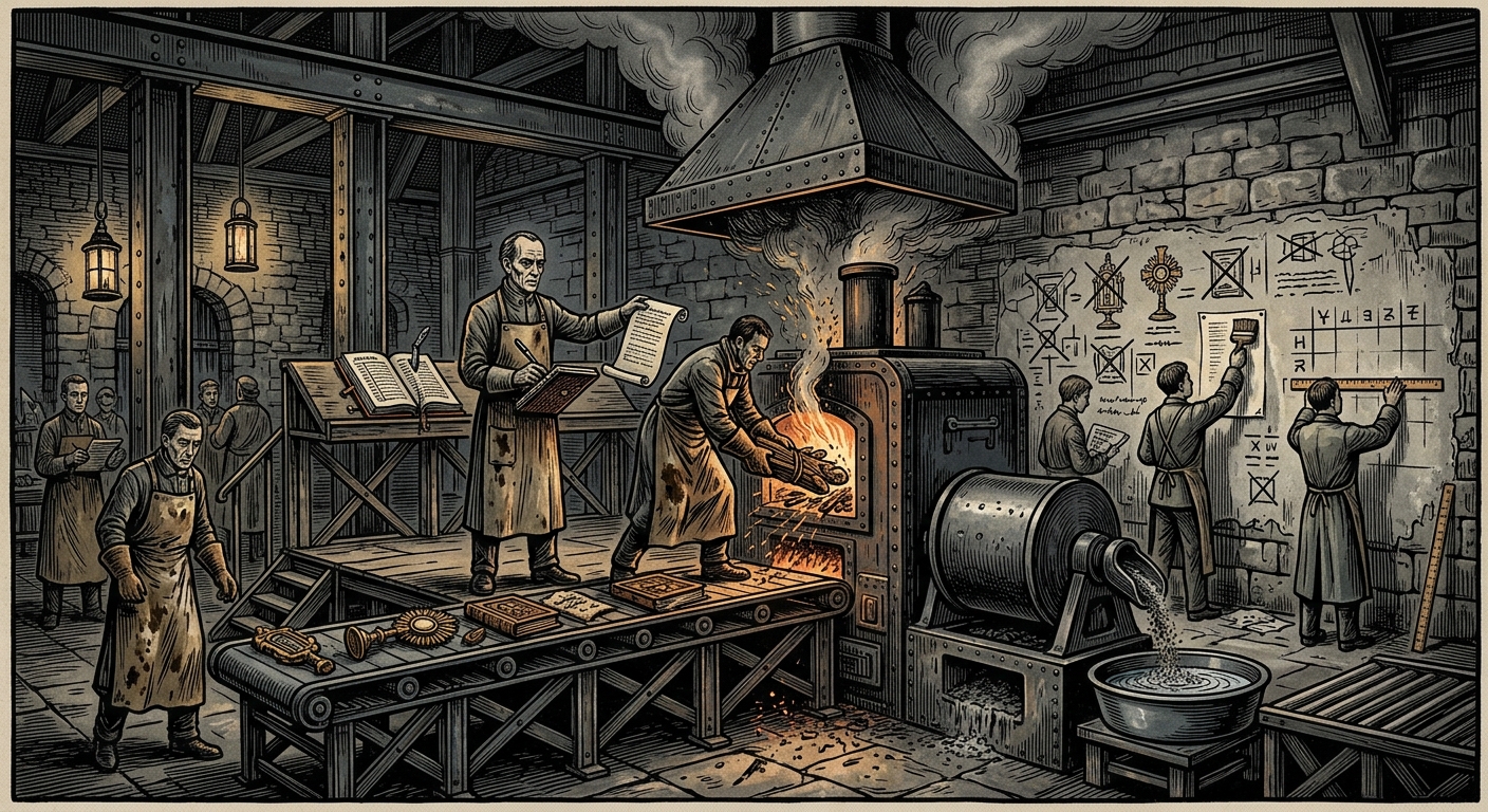 Bonfires of Purification — On the Lectures Over Flame, rendered as woodcut.