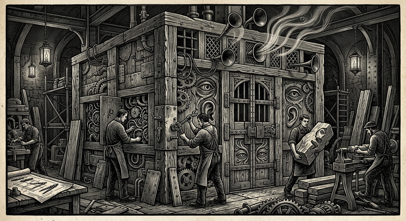 Booth 77 — On Its Construction and Offended Wood, rendered as woodcut.