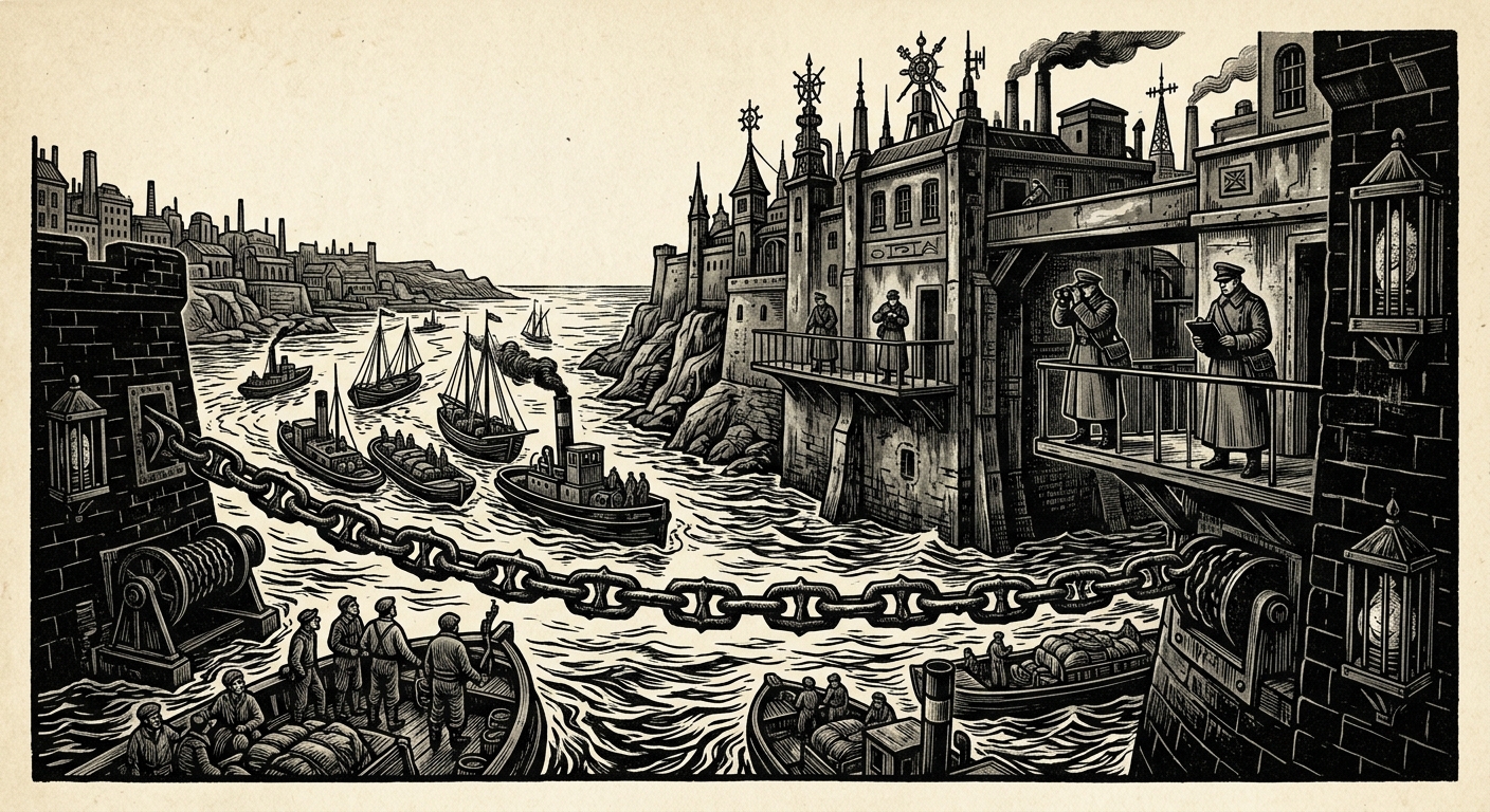 The Bosphorus — On the Harbor, the Chain, and the Office of Suspicion, rendered as woodcut.