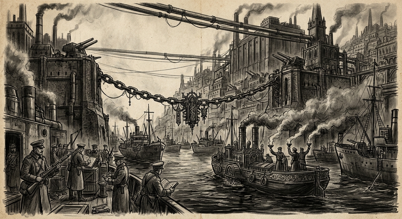 The Bosphorus — On Convoys and the Taxed Breath of Passage, rendered as charcoal.
