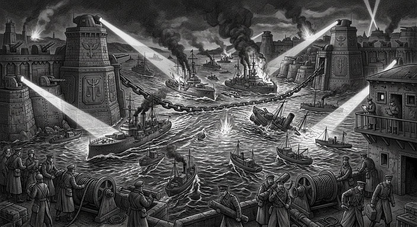 The Bosphorus — On the Night the Strait Burned White, rendered as engraving.