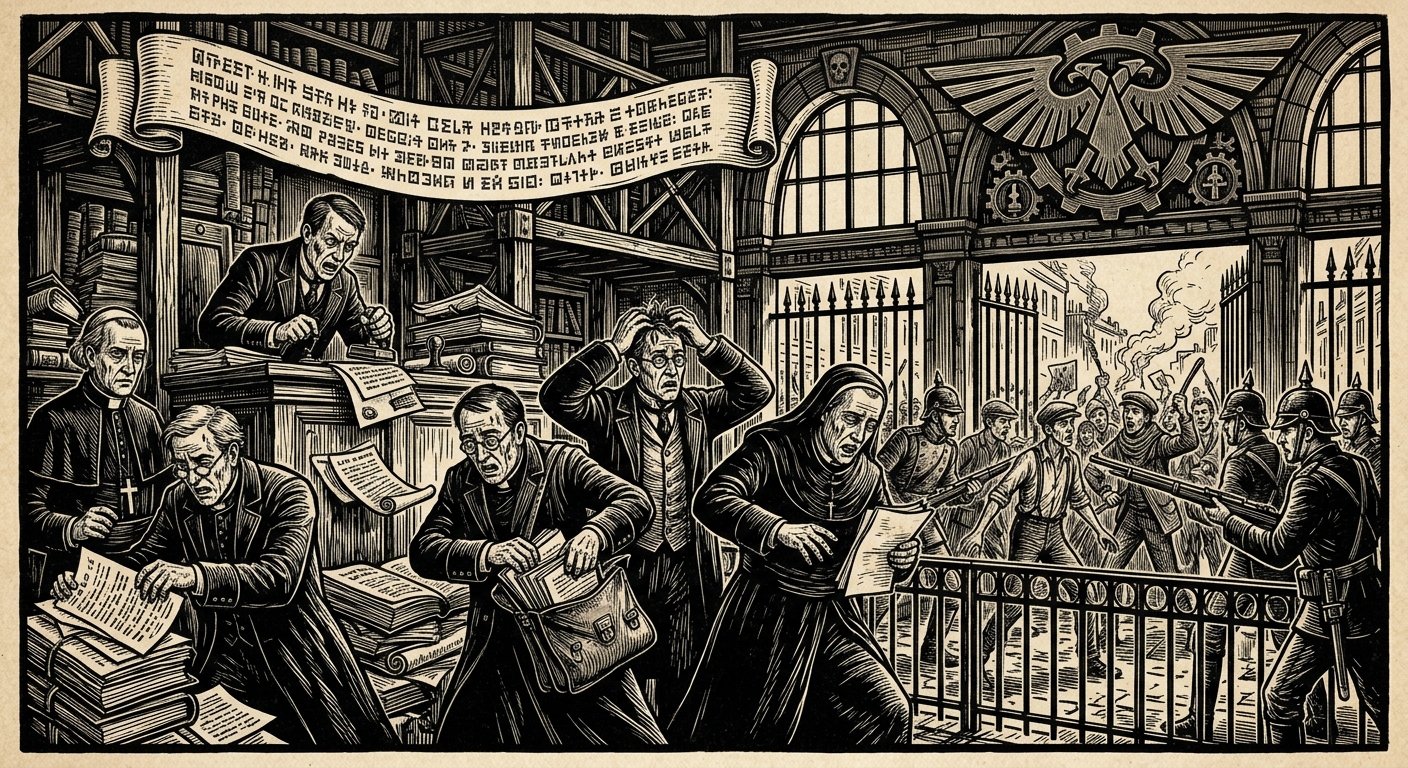 The Broth Riots — On the Bureaucratic Panic, rendered as woodcut.