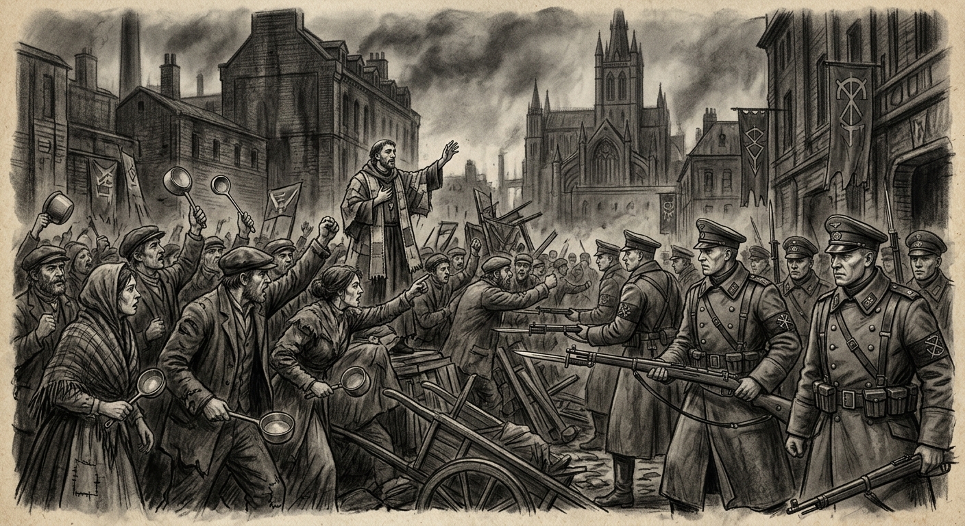 The Broth Riots — On Eleven Days of Ladles and Rifles, rendered as charcoal.
