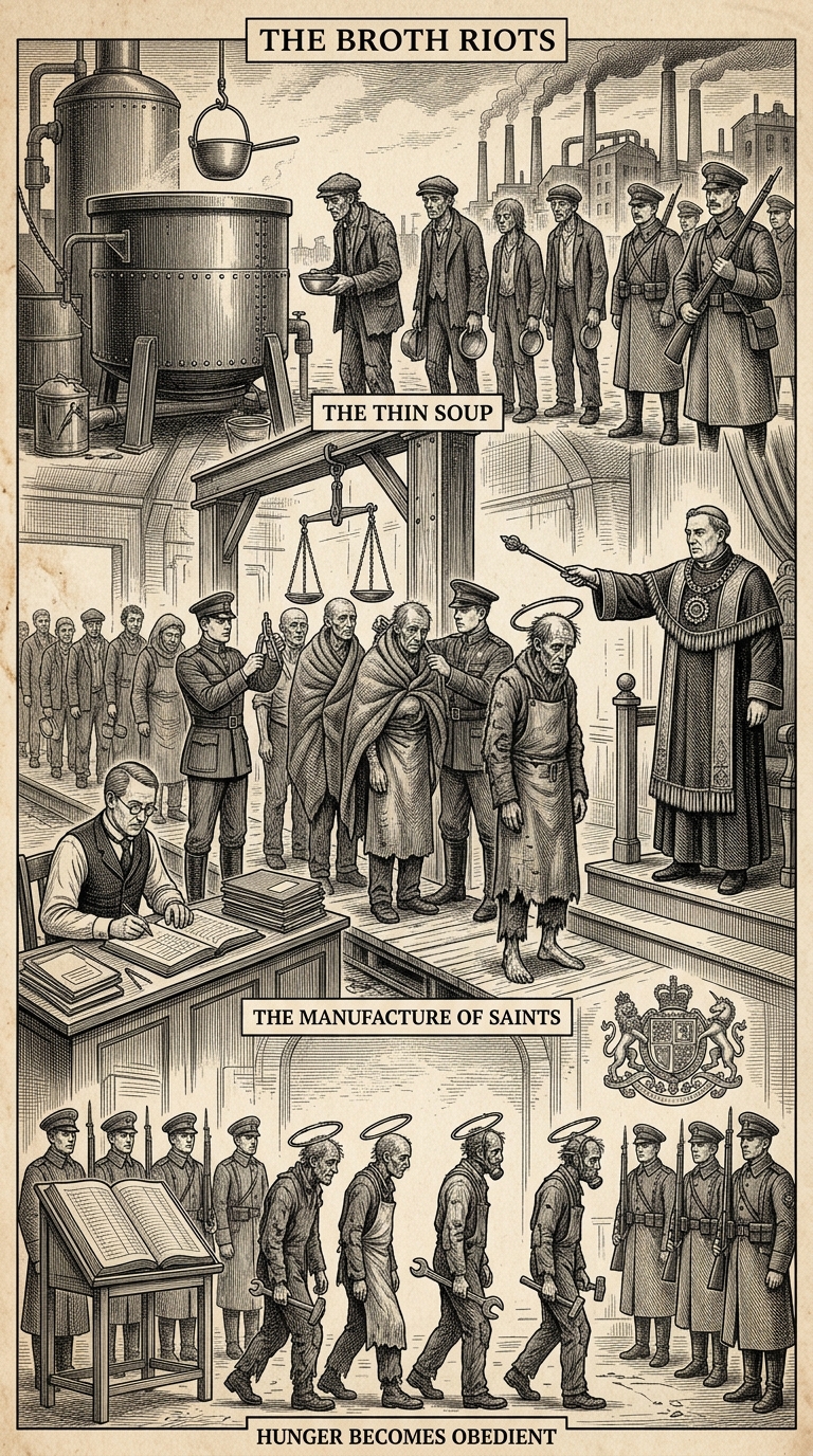 The Broth Riots — On Saints Manufactured by Hunger, rendered as engraving.
