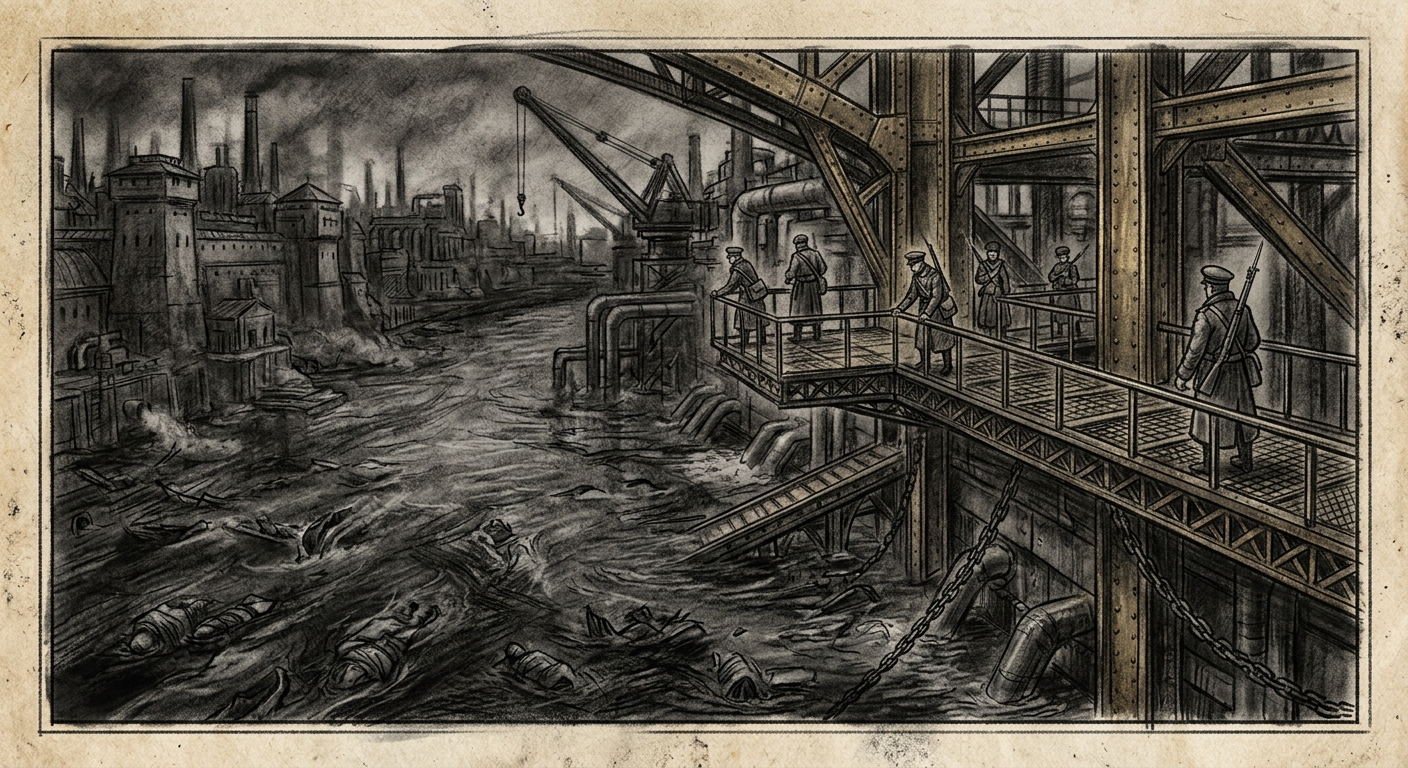 The Bug River — On the Brass Ribs Above It, rendered as charcoal.